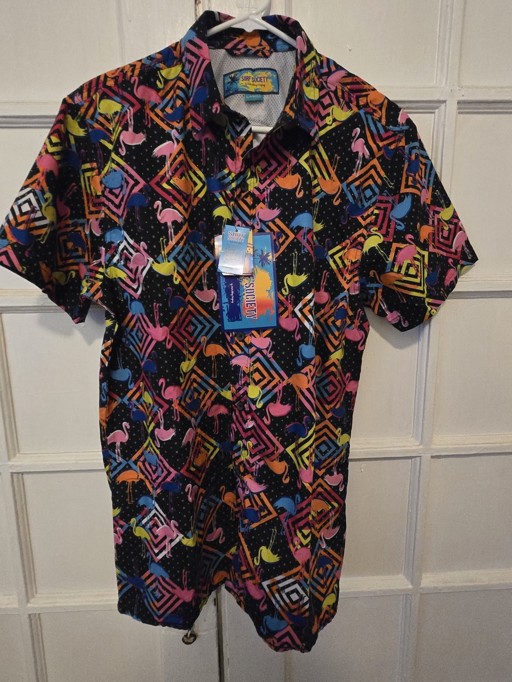 Society Black Short-Sleeve Button-Down Shirt with Neon Flamingo Print